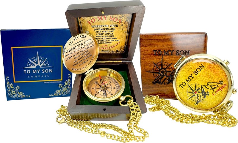 MAH Brass Compass Gift – to My Son Never Forget That I Love You, Sentimental Keepsake Gift from Mom Dad & Grandparents for Graduation, Baptism, Confirmation, Communion, Birthday, Back to School Best Gift - Image 1
